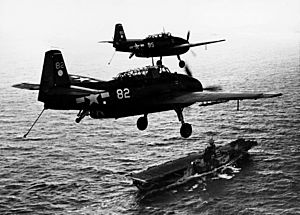 TBF-1 Avengers of VT-2 over USS Hornet (CV-12) in 1944