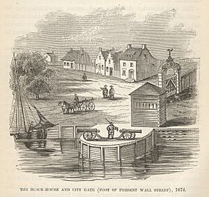 Block-House and City Gate (foot of present Wall Street) 1674 New Amsterdam