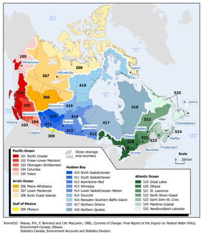 Canada ocean drainage areas and drainage regions