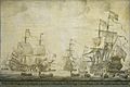 De krijgsraad aan boord van de 'De Zeven Provinciën', het admiraalschip van Michiel Adriaensz de Ruyter, 10 juni 1666 (Willem van de Velde I, 1693)