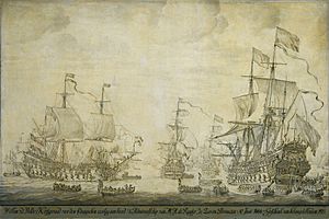 De krijgsraad aan boord van de 'De Zeven Provinciën', het admiraalschip van Michiel Adriaensz de Ruyter, 10 juni 1666 (Willem van de Velde I, 1693)