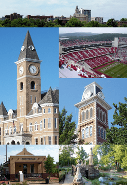 Clockwise from top: Fayetteville skyline  around the Historic Square, Donald W. Reynolds Razorback Stadium, Old Main, Wilson Park, the Fayetteville Depot, and the Washington County Courthouse.