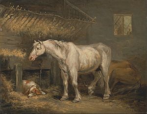 George Morland - Old horses with a dog in a stable - Google Art Project