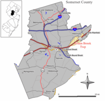 Map of Green Brook Township in Somerset County. Inset: Location of Somerset County in New Jersey.
