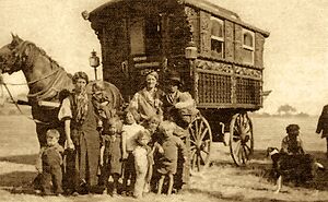 Gypsy family with varda wagon on Epsom Downs 1938