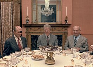 Jimmy Carter hosts a luncheon at Blair House for Israeli and Egyptian negotiator Moshe Dayan and Hassan Ali. - NARA - 181937