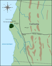 The map shown on the left indicates the location of Duckburg ("Donaldville" in Calisota in French). The Calisota map resembles a map of Northern California (right), with Duckburg corresponding to a coastal area in Humboldt County near the city of Eureka, located on Humboldt Bay.