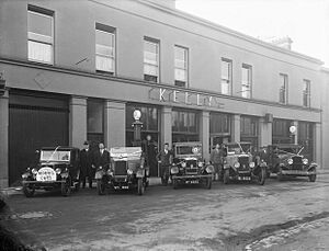 Morris cars on the forecourt of Mr J. Kellys garage at Catherine Street, Waterford