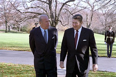 President Ronald Reagan walking with George Shultz outside the Oval Office
