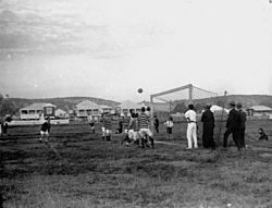 StateLibQld 1 185891 Shot for goal in a soccer match, Brisbane, ca. 1914