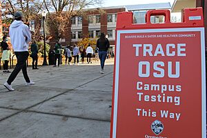TRACE OSU COVID-19 testing sign and students- 50624665398