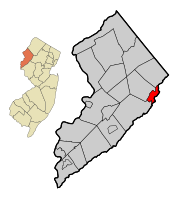 Map of Hackettstown in Warren County. Inset: Location of Warren County highlighted in the State of New Jersey.