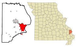 Location of Cape Girardeau in Cape Girardeau & Scott Counties, Missouri.