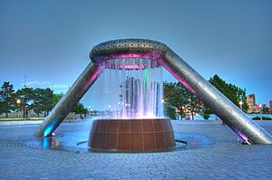 Dodge Fountain in Hart Plaza in the evening with lights