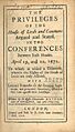 Earl of Anglesey, Privileges of the House of Lords and Commons (1702, title page)