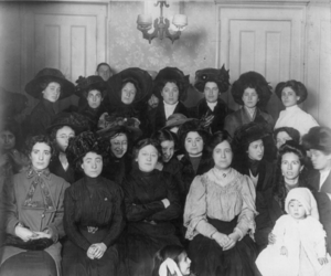 Group of mainly female shirtwaist workers on strike, in a room, New York