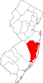 Map of New Jersey highlighting Ocean County