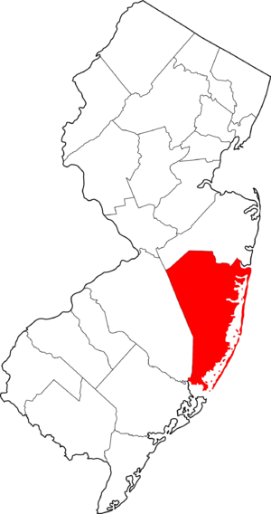 Map of New Jersey highlighting Ocean County
