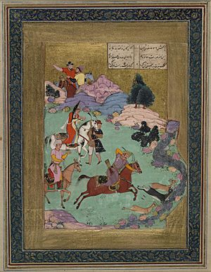 Painting depicts Bahram Gur (central figure) on horseback hunting three doe, from a Khamseh of Amir Khusrau Dihlavi.