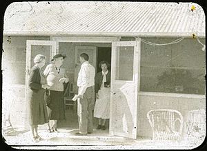 Reverend Fred McKay welcoming guests at the opening of the new Australian Inland Mission Hospital, Birdsville, Queensland, 1953