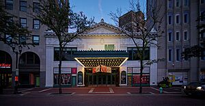 The Hilbert Circle Theatre, pictured at dusk, in Indianapolis, Indiana's capital city