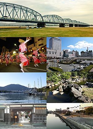 Top:Yoshino River Bridge, Second:Awa Odori on August,  Tokushima Station, Third:Mount Bizan, Senshukaku Garden in Tokushima Castle, Bottom:Awa Jūrōbei House, Aibahama Park, all item for left to right