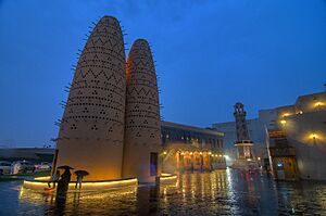 Traditional buildings at Katara at night