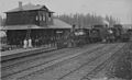 Trains at Pe Ell station along the construction route of Yakima and Pacific Coast Railroad, Washington, circa 1890-1892 (TRANSPORT 1411)