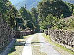 Road flanked by stone walls