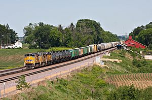 A Union Pacific Railroad freight train rolls past the La Fox depot and the Potter & Barker grain elevator on June 12, 2011.