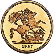 Gold coin showing a naked man, intended to be a knight, battling a dragon