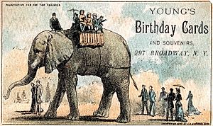 Advertising card featuring Young's birthday cards featuring Jumbo carrying children