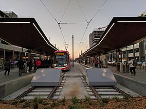 Alinga Street light rail stop at sunset May 2019