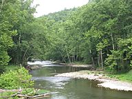 A wide stream strewn with rounded stones and surrounded by forests on either side, viewed from a green truss bridge