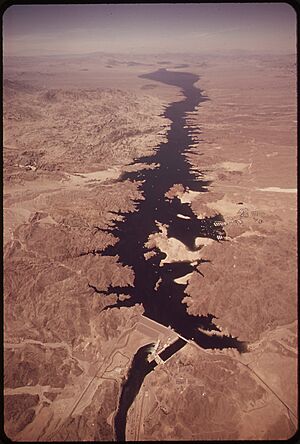 DAVIS DAM ON COLORADO RIVER. LAKE MOHAVE FORMS IN BACKGROUND - NARA - 549074
