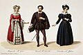 Eugène Du Faget - Costume designs for Les Huguenots - 2. Julie Dorus-Gras as Marguerite, Adolphe Nourrit as Raoul, and Cornélie Falcon as Valentine