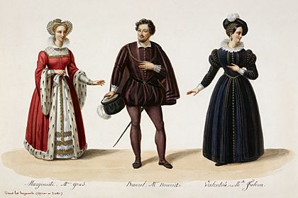 Eugène Du Faget - Costume designs for Les Huguenots - 2. Julie Dorus-Gras as Marguerite, Adolphe Nourrit as Raoul, and Cornélie Falcon as Valentine