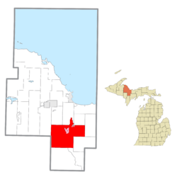 Location within Marquette County and the administered communities of Gwinn  (1) and portion of K.I. Sawyer (2)