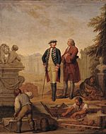 Johann Christoph Frisch - König Friedrich II. und der Marquis d'Argens inspizieren den Gruftbau in Sanssouci