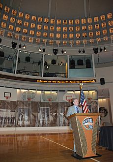 John Doleva, President and CEO of the Basketball Hall of Fame, speaks at a ceremony supporting the National Guard and Reserve