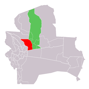 San Julián Municipality (red) within Ñuflo de Chávez Province (green) and Santa Cruz Department of Bolivia
