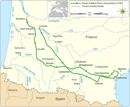 Map of route of Black Prince chevauchée of 1355