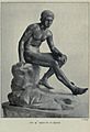 alt=Illustration of bronze statue of a nude male youth, seated on a rock with one leg outstretched, leaning on the opposite thigh, from the 1908 volume Buried Herculaneum by Ethel Ross Barker; caption reads "Mercury in Repose"