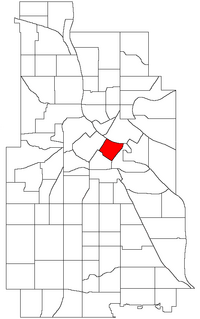 Location of Downtown East within the U.S. city of Minneapolis