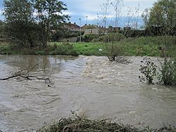 River Biss in full flood over the wier