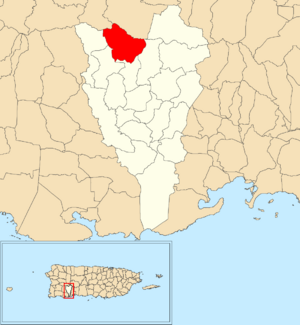 Location of Rubias within the municipality of Yauco shown in red