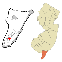 Map of Rio Grande highlighted within Cape May County. Right: Location of Cape May County in New Jersey.