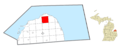 Location within Huron County (red) and an administered portion of the Kinde village (pink)
