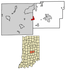 Location of Cumberland in Hancock County and Marion County, Indiana.
