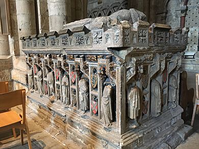 Highly-damaged and part-reconstructed tomb of John Neville, 3nd Baron Neville de Raby and his first wife, Maud Percy, in Durham Cathedral